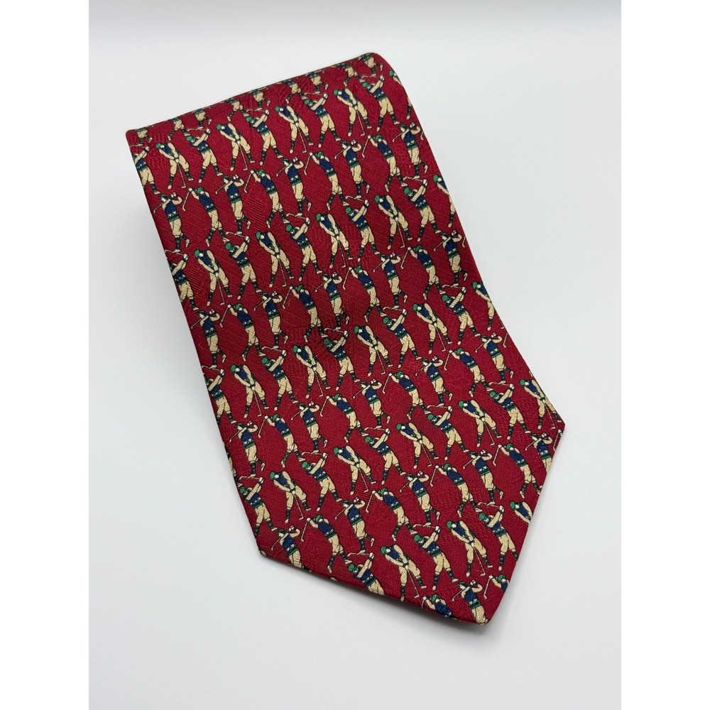Vintage Tommy Hilfiger Red Golfer Print 100% Silk Tie Wide Novelty Golf Necktie